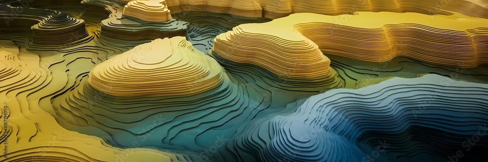 Fototapete layered landscape resembling a topographic map. the map has flowing contour lines and a paper-like t