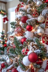 Fototapeta premium Snow-covered Christmas tree decorated with red bows, gold baubles, and pine cones. Bright, festive decor perfect for a holiday celebration indoors.