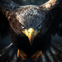 Design a futuristic digital rendering of a soaring eagle in a close-up shot, highlighting its fierce gaze and powerful presence as a symbol of leadership