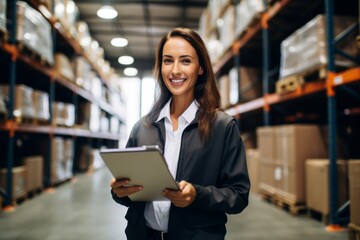 Middle aged businesswoman holding clip board in warehouse