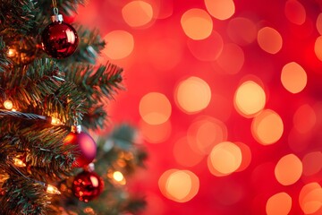 Obraz premium Christmas tree with red baubles and glowing lights. Bright red bokeh background. Festive holiday season atmosphere.