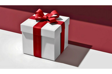 Blank white gift box with red ribbon bow isolated on dark red background