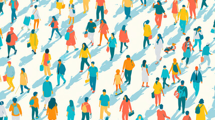 Colorful top view illustration of diverse people walking in different directions