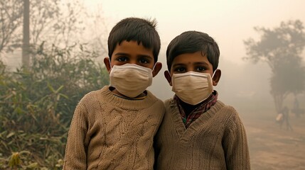 Two boys wearing masks outdoors in a smoky environment.