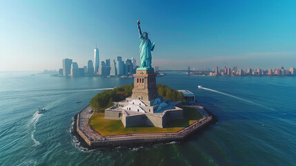 Aerial view of the Statue of Liberty with the New York City skyline in the background