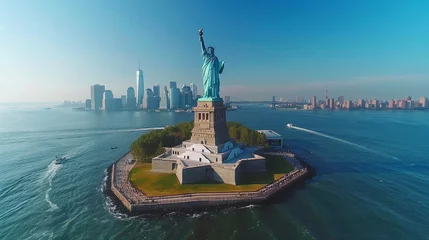 Aerial view of the Statue of Liberty with the New York City skyline in the background