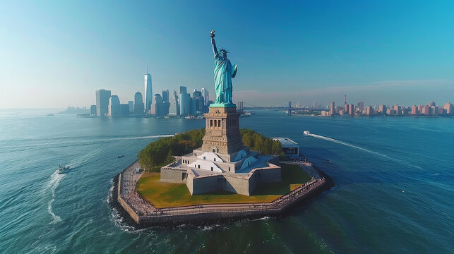 Aerial view of the Statue of Liberty with the New York City skyline in the background