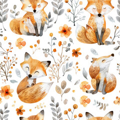 Cotton fabric Watercolor seamless pattern with foxes and small plants on white background