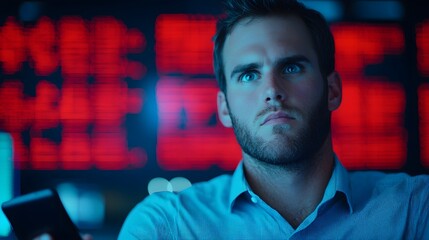 Intense Focus: A Businessman Analyzing Data on His Smartphone Against a Dynamic Backdrop. Stock Market Fail Concept