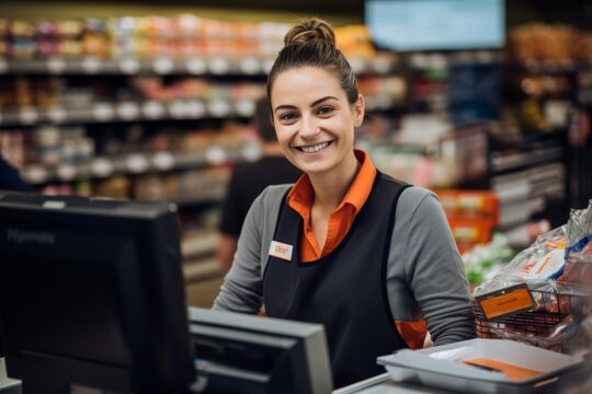Portrait of a cashier smiling while working at the grocery store
