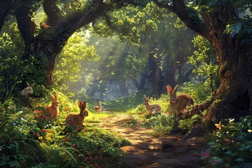 Enchanted forest scene with whimsical rabbits and magical atmosphere