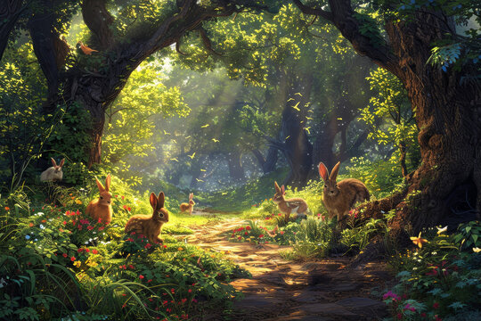 Enchanted forest scene with whimsical rabbits and magical atmosphere