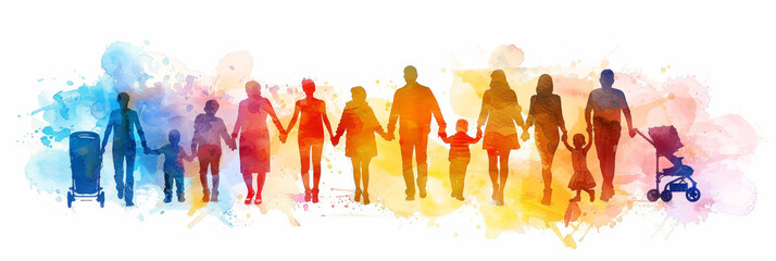 Colorful watercolor illustration of a diverse group of people holding hands