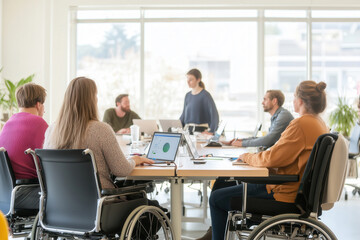Fototapeta premium A diverse group of professionals in a modern business meeting, including individuals using wheelchairs, collaborating in a bright office space with laptops and charts.