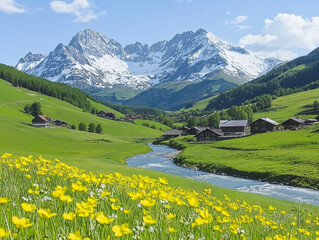 Obraz premium Alpine Meadow Serenity: A breathtaking panorama of verdant meadows, a winding river, and snow-capped peaks, capturing the essence of alpine tranquility. 