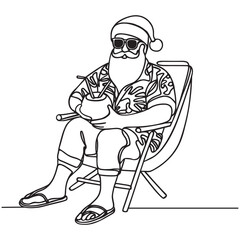 Continuous line drawing of Santa Claus relaxing on the beach with a cocktail. Holiday, New Year. Vector illustration design