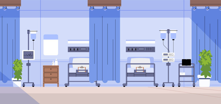Simple double hospital room with two clinic beds. Medical interior flat vector illustration