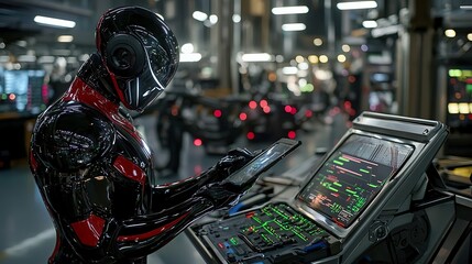 Robot analyzes data on high-tech interface