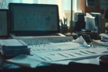 Collection of business analytics charts and graphs stacked on each other on paper on desk in office
