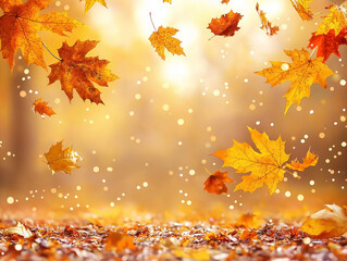 Obraz premium Autumn Leaves Falling: Golden leaves dance in the warm autumn air, creating a mesmerizing spectacle of nature's beauty. The gentle breeze carries the leaves.