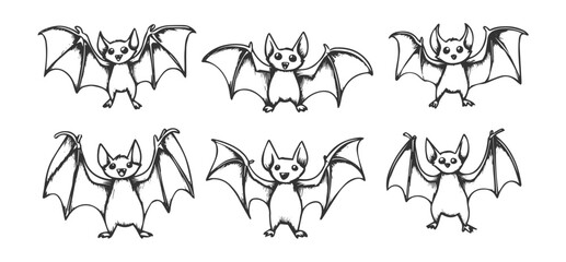 Obraz premium Set of cute hand-drawn bats in line art vector style, featuring charming bat illustrations with simple, clear outlines, ideal for use in Halloween or whimsical designs.