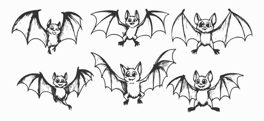 Fototapeta premium Set of cute hand-drawn bats in line art vector style, featuring charming and simple bat icons, ideal for Halloween-themed designs, logos, or illustrations.