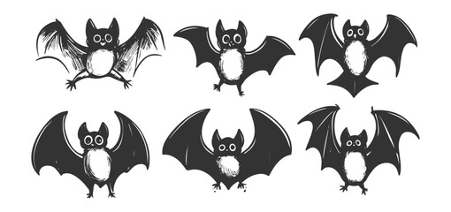 Naklejka premium Set of cute hand-drawn bats in line art vector style, with playful and whimsical designs, perfect for Halloween themes, illustrations, or iconography.