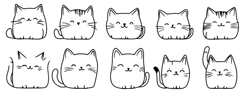 Set of cute hand-drawn cats in line art vector style, featuring adorable kittens with playful expressions, ideal for pet-themed designs, greeting cards, and logos.