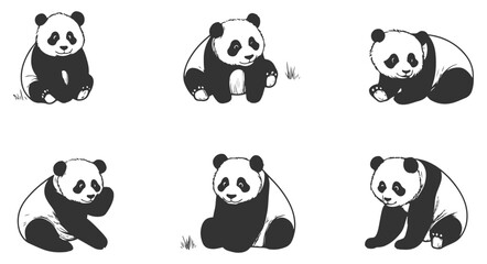 Fototapeta premium Set of delightful hand-drawn pandas in line art vector style, depicting these charming animals in playful poses. Ideal for wildlife, nature, and animal designs.