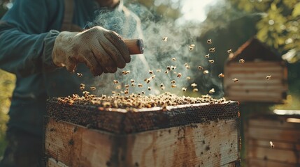 Close-up of beekeeper using the smoker on a beehive, soft puffs of smoke calming the bees,