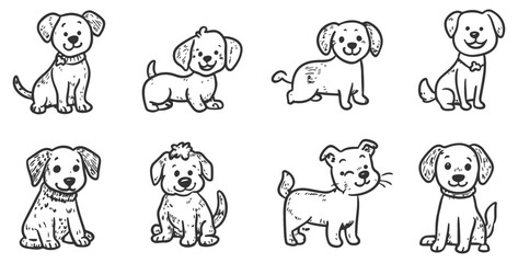 Fototapeta premium Set of playful hand-drawn dogs in line art style, featuring cute puppies with joyful expressions, designed as vector icons to evoke a sense of fun and warmth.