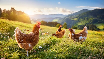 Fototapeta premium farm hens or chicken, grass field background, Fresh and Relax concept. For montage product display or design key visual layout. View of copy space