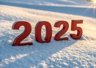 3D red 2025 text on snow with sunlight background. Generative AI