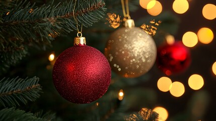 Close-up of red and gold Christmas ornaments hanging on a tree. Soft glowing lights in the background add warmth and elegance.