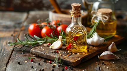 Bottle of infused olive oil with fresh ingredients on rustic table