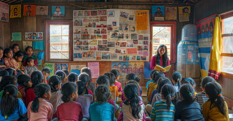 Rural classroom in nepal with teacher engaging young students in colorful setting