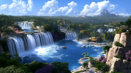 Explore the majestic waterfalls surrounded by lush landscapes