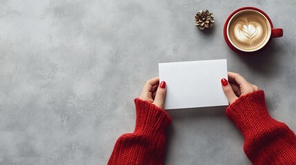 Festive hands in cozy red sweater hold blank card on gray table with latte art coffee and pinecone, perfect for holiday message or invitation.
