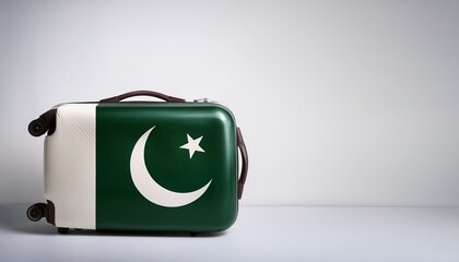 パキスタンの国旗のスーツケース。(Pakistan flag on a stylish suitcase and copy space.)
