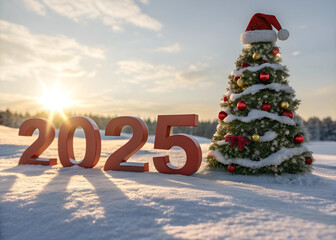 Hat Christmas tree and 3D red 2025 on snow with sunlight background. Generative AI
