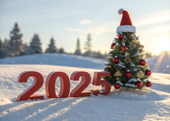 Hat Christmas tree and 3D red 2025 on snow with sunlight background. Generative AI
