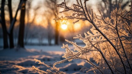 Obraz premium Frost-covered branches illuminated by a warm sunrise in a tranquil winter landscape