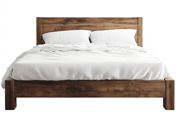 A bed with white linen sheets and two pillows, white background, minimalist, modern design, pure wood texture