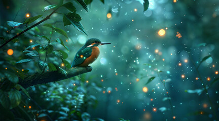 Kingfisher perched in enchanted forest with glowing fireflies