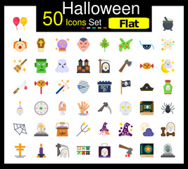 Set of 50 Halloween icons related to Balloons, Cauldron, Clown, Coffin Line Icon collection