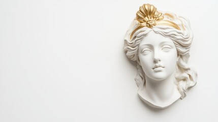 Classic plaster Venus head with gold accents, isolated on white, evoking the beauty of ancient Greek art