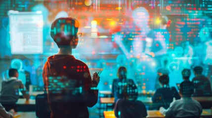 Futuristic classroom with digital overlay and technology integration