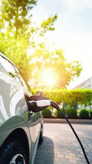 Naklejka premium Electric car charging at modern home clean energy filling technology.