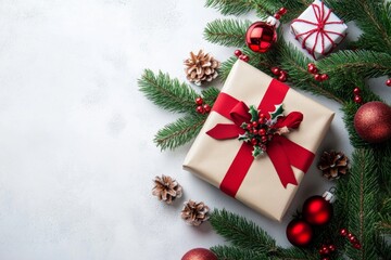 A wrapped gift box with a red ribbon surrounded by pine branches, pinecones, and baubles. A simple festive arrangement on a light background.