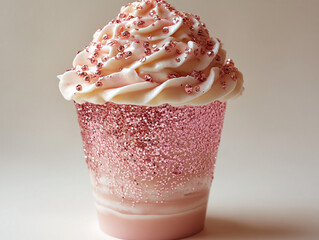  a pink frosted cupcake with white sprinkles. It's placed on a purple surface.